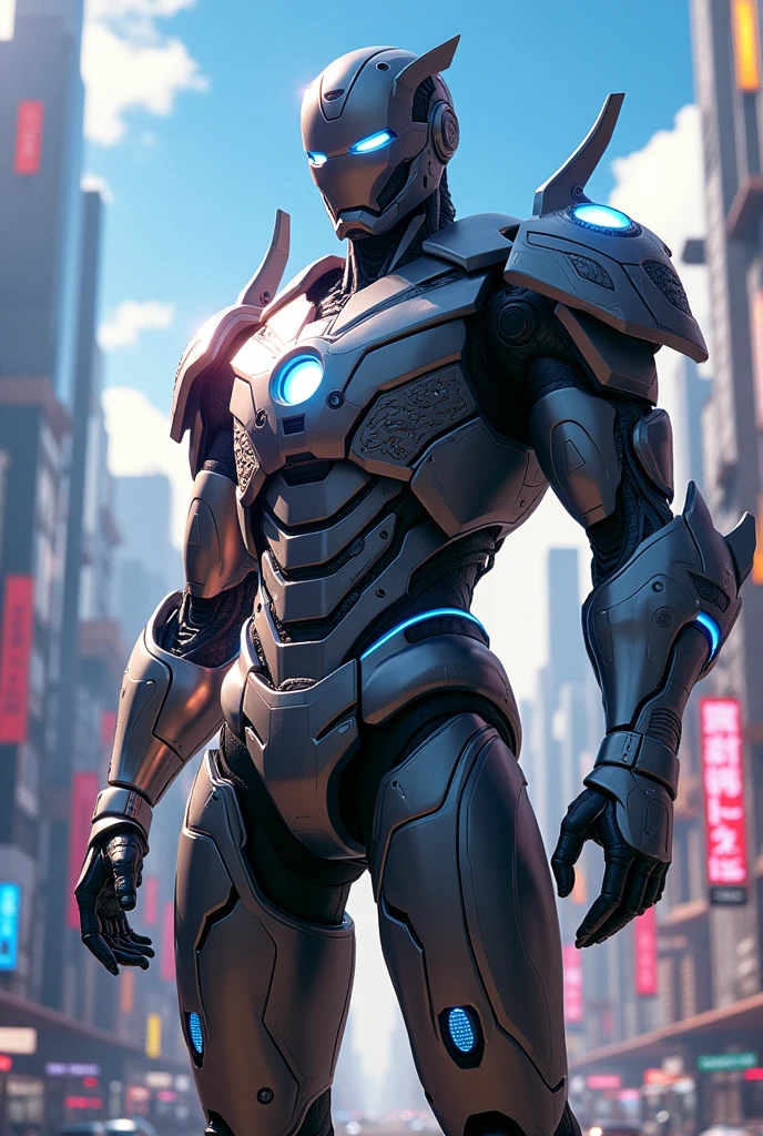 ((best qualityer)), ((photo realist)), (detailded)), ((High definition)),(( 8k futuristic style with maximum details )), create a version of (( JASPION animejapones)),where your armor should be inspired by the Iron Man design from the live action films.