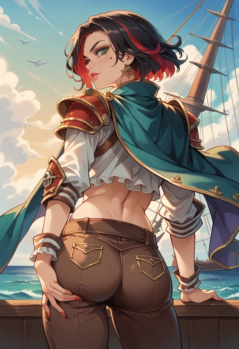 Vivian, short black hair, streaked red hair,lips, mole on left cheek, lipstick ,makeup, green eyes, standing, close up , rear shot, ass view, showing ass, hands on butt,
VivAtt,brown pants,cleavage cutout,shoulder armor ,cape ,midriff ,nail polish ,
pirate ship, sea,
(insanely detailed, beautiful detailed face, masterpiece, best quality)
