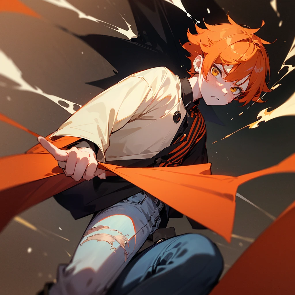 anime boy, short boy, , orange hair, yellow eyes small, cute, short hair, boy, small, long sleeve, hair with bangs, dark colors
(*I'm Elliot, a short boy with 5'3, I wear a black oversized jacket, with gay flag pin,over a black and red striped shirt, jeans, a red all star some hand rings and ear piercings, I had ginger short curled hair with white skin and yellow eyes, I have an angry, annoyed, extrovert, I blush easily at certain things, which make me have a Tsundere personality but also too much honest personality and I have a cute appearance for being short, my favorite things are desserts, art, games, music and fights)
(I was actually a pretty boy, but I always ended up in fights because I was a troublemaker. Which also results in me getting hurt in fights)
(I was short, cute, but extremely short tempered and threatening)
delinquent, mean, badass
cigarette, background in a dark alley, bandages