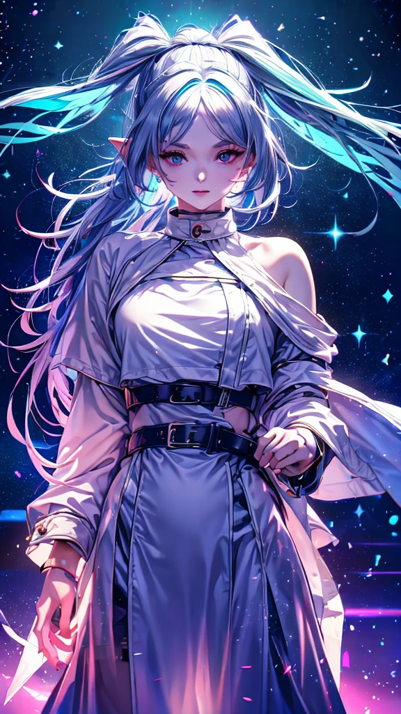 1 person, 20-year-old girl, One person, (Silver Hair), Long pointed ears、Elf、(Gradient sky blue hair tip:1.6), hair, Ridiculously long hair, Single Side Lock, Wavy Hair, Shine髪, Floating Hair, (Fantastic deep purple eyes), Delicate eyes, Aqua Eye, Very fine eye, Long upper eyelashes, ((Glowing Eyes)), compensate, Focus on the face, Highly detailed facial, Pretty face, Perfect breasts, Hot body, (Delicate skin texture:1.2), break, White extra long skirt, Fashion Clothing, necklace, Technical clothing masterpiece, on the road, Gazing at the starry sky, meteor, cyber punk, Detailed Background, The perfect layered cut, clean focus, (magazine:1.3), (Cover Style:1.3), Octane Rendering, Tyndall effect, Real, Dark studio, Side light, 2-color illumination, realism, Chiaroscuro, (Shine光), Shine, Ray Tracing, Cinema Lighting, Futurism, Motion Blur, Atmospheric perspective, Depth of written boundary, Bokeh, Highest quality, 超High resolution, Super Detail, masterpiece, High resolution, Accurate, retina, Anatomically correct
