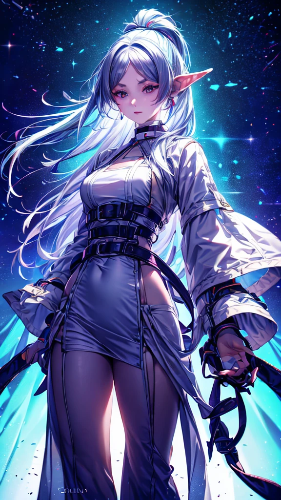 1 person, 20-year-old girl, One person, (Silver Hair), Long pointed ears、Elf、(Gradient sky blue hair tip:1.6), hair, Ridiculously long hair, Single Side Lock, Wavy Hair, Shine髪, Floating Hair, (Fantastic deep purple eyes), Delicate eyes, Aqua Eye, Very fine eye, Long upper eyelashes, ((Glowing Eyes)), compensate, Focus on the face, Highly detailed facial, Pretty face, Perfect breasts, Hot body, (Delicate skin texture:1.2), break, White extra long skirt, Fashion Clothing, necklace, Technical clothing masterpiece, on the road, Gazing at the starry sky, meteor, cyber punk, Detailed Background, The perfect layered cut, clean focus, (magazine:1.3), (Cover Style:1.3), Octane Rendering, Tyndall effect, Real, Dark studio, Side light, 2-color illumination, realism, Chiaroscuro, (Shine光), Shine, Ray Tracing, Cinema Lighting, Futurism, Motion Blur, Atmospheric perspective, Depth of written boundary, Bokeh, Highest quality, 超High resolution, Super Detail, masterpiece, High resolution, Accurate, retina, Anatomically correct
