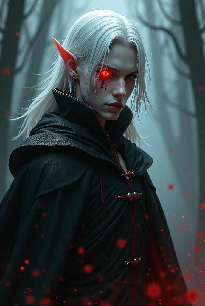 male elf with white skin and shoulder-length hair, lost his right eye and has a scar in its place, black clothes with reddish tones, ears slightly up, the left eye is red and has an arcane symbol inside
