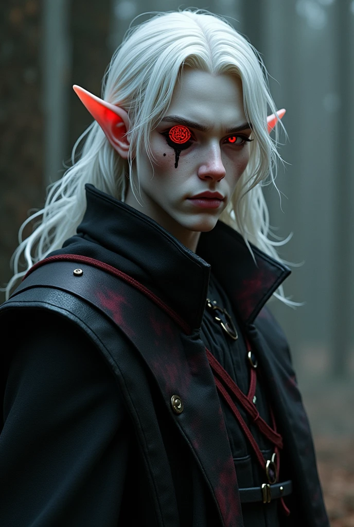 young man 19 years, ((best quality)), ((​masterpiece)), (detailed), (Full body), perfect face, a beautiful and sexy demon, he has white hair and sky blue eyes, his teeth are sharp and pointed. His hands are stained with blood.