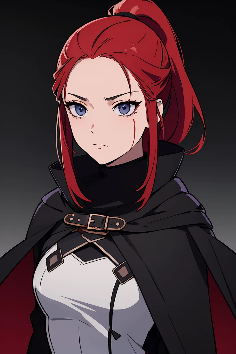 (high-quality, breathtaking),(expressive eyes, perfect face) 1girl, female, solo, teenager, short ponytail length hair, red hair color, multicolored hair, glowing hair, loose hair, wavy hair, light grey eyes color, soft expression, black cloak, black shirt, fantasy warrior high-tech clothing, scars on her left face, space background, portrait, upper body, serious, beautiful hairstyle, soft makeup, age 16, ponytails