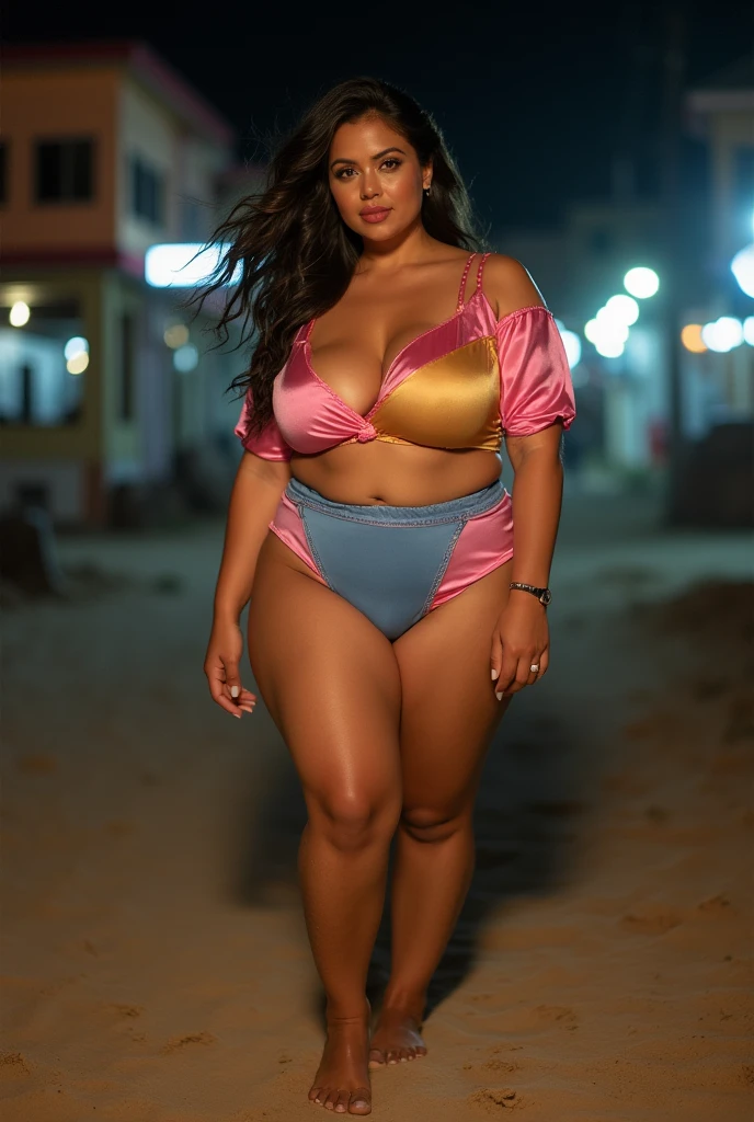 beach club, a full length portrait of curvy pakistani woman, detailed face, 35mm lens, (lipstick) (wearing tight pink+blue+gold satin shorts) plus size woman, smile, sexy, dirty skin, dirty body, dirty with dust, sweaty body, barefoot, black hair, hard light, aperture 5.6, tight satin shirt, abandoned place, various pose (tight satin slip) sharp focus, skin texture, casually posing (highly detailed skin) , skin spots, real skin (outdoor) (night) street lights, skin pores:1.2, skin spots, skin pores, freckles:1.3, (low light) , (transparent half sleeves) (blonde highlights hair) (tied hair) (knees) skin texture, full length, various poses, (daylight) 