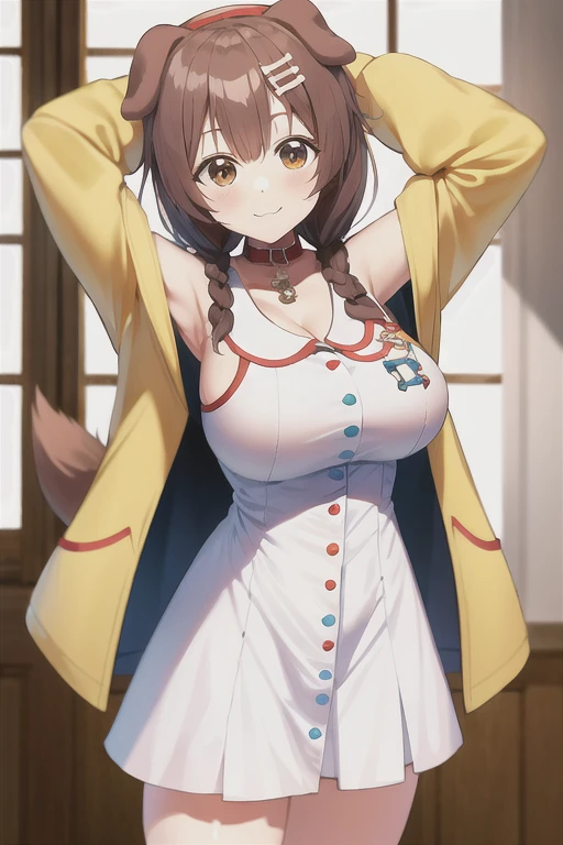 masterpiece, best quality, absurdres, cowboy shot, standing,
Korone, indoors, :3, smile, dog girl, dog ears, dog tail, twin braids, sidelocks, hair ornament, medium breasts,
((white dress)), yellow jacket, bow, collar, collarbone, dress, jacket, open clothes, open jacket, red bow, short dress, sleeveless dress, large breasts, thick thighs, mature female, bandana, scarf