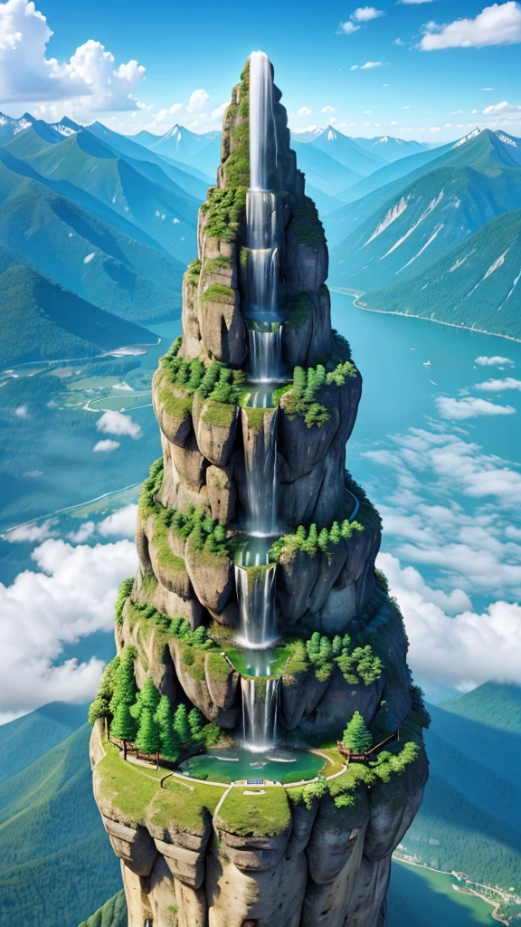 super huge mountain、The Alps、Nice views、Wonderful nature、Fantasy、Huge waterfall、High resolution、Highest quality、masterpiece