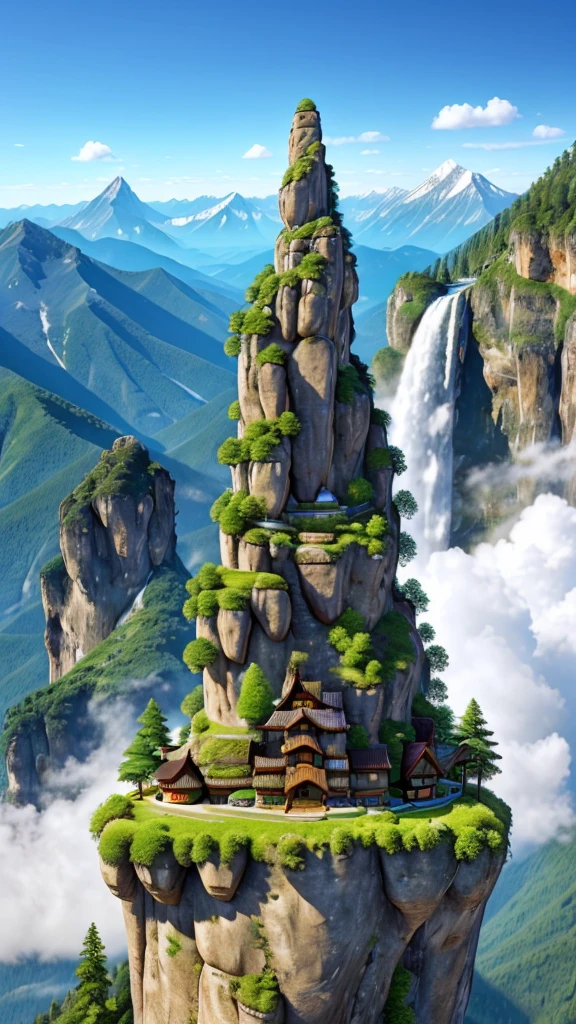 super huge mountain、The Alps、Nice views、Wonderful nature、Fantasy、Huge waterfall、High resolution、Highest quality、masterpiece