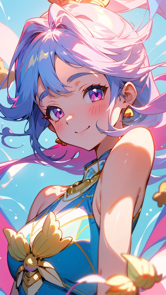 1 Girl、Anime-style paintings、Light blue hair、Pink Eyes、Synchronized Swimming Costume、Acorns、smile、Upper body close-up、(Highest quality, High resolution:1.2, Very detailed)