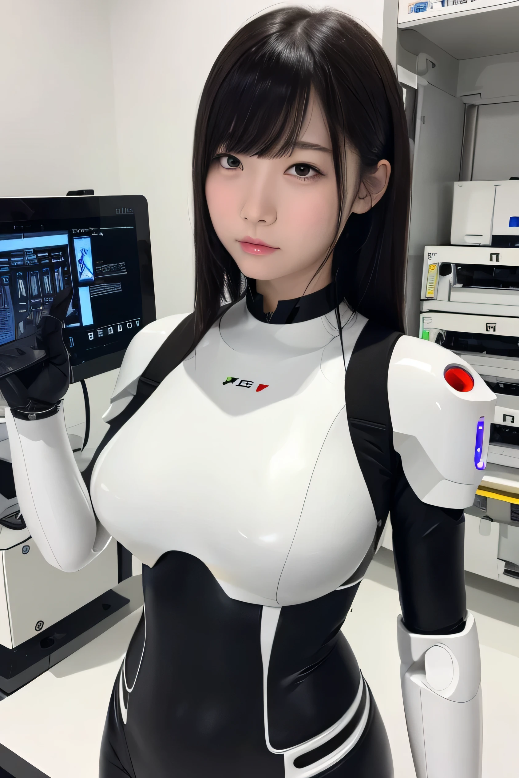 masterpiece, best quality, extremely detailed, portrait,Japaese android girl,Plump,a bit chubby,control panels,android,Droid,Mechanical Hand, ,Robot arms and legs, Black hair,Mechanical body,Blunt bangs,White Robotics Parts,perfect robot woman,Charging spot,Long Tube,A thick cable was connected to her neck,perfect mechanical body,white robotics body,future embly plant,white body,She has repaired,black sponge joints,android assly plant,android,laboratory,perfect machine body,white robot body,rolling eyes