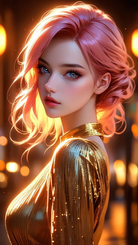 a beautiful woman in a beige dress with expressive beautiful eyes, posing, urban cityscape, black jacket, pink hair, golden hour, shallow depth of field, atmosphere of a first date and young love, (best quality,4k,8k,highres,masterpiece:1.2),ultra-detailed,(realistic,photorealistic,photo-realistic:1.37),intricate details,extremely detailed facial features,gorgeous detailed eyes,beautiful detailed lips,stunning portrait,cinematic lighting,warm color tones,romantic ambiance