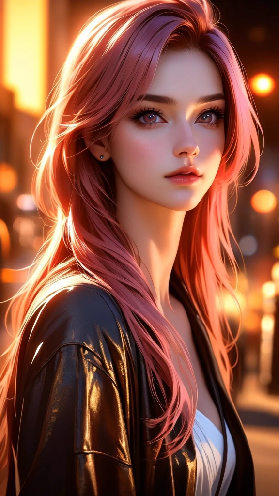a beautiful woman in a beige dress with expressive beautiful eyes, posing, urban cityscape, black jacket, pink hair, golden hour, shallow depth of field, atmosphere of a first date and young love, (best quality,4k,8k,highres,masterpiece:1.2),ultra-detailed,(realistic,photorealistic,photo-realistic:1.37),intricate details,extremely detailed facial features,gorgeous detailed eyes,beautiful detailed lips,stunning portrait,cinematic lighting,warm color tones,romantic ambiance