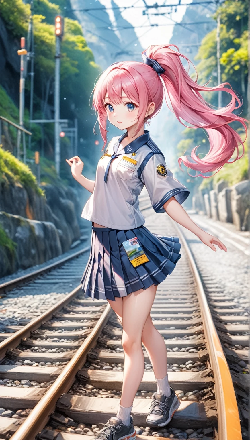 (Highest quality,8k,32K,masterpiece,Ultra-high resolution :1.2 ),born,One person,Super cute,Natural light,Clear, shining eyes,20-year-old,Fair skin,On the tracks,Electronic world fantasy background,ponytail,uniform,mini skirt,Fantasy,Artistic Beauty,whole body,Landscape painting,Beautiful scenery,Turn around,Pink Hair,ponytail