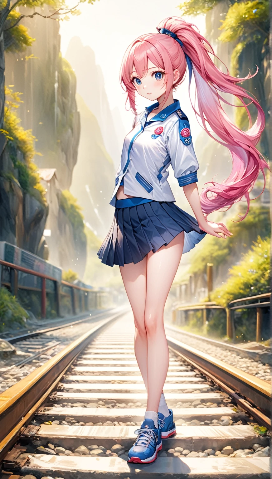 1girl ultra REALISTIC teenage, (animal ears), straight-on, full body, looking at viewer, hair between eyes, hair ornament, multicolored hair, twin braids, fox tail, (multiple tails:1.3), badge, bangs, (blue baseball cap:1.2), clothes writing, white clothes, hood, hood down, standing, long sleeves, closed mouth, (blue skirt:1.05), solo, (light blush:0.9), bare tree, building, city, cityscape, day, outdoors,  street, tokyo (city), tree