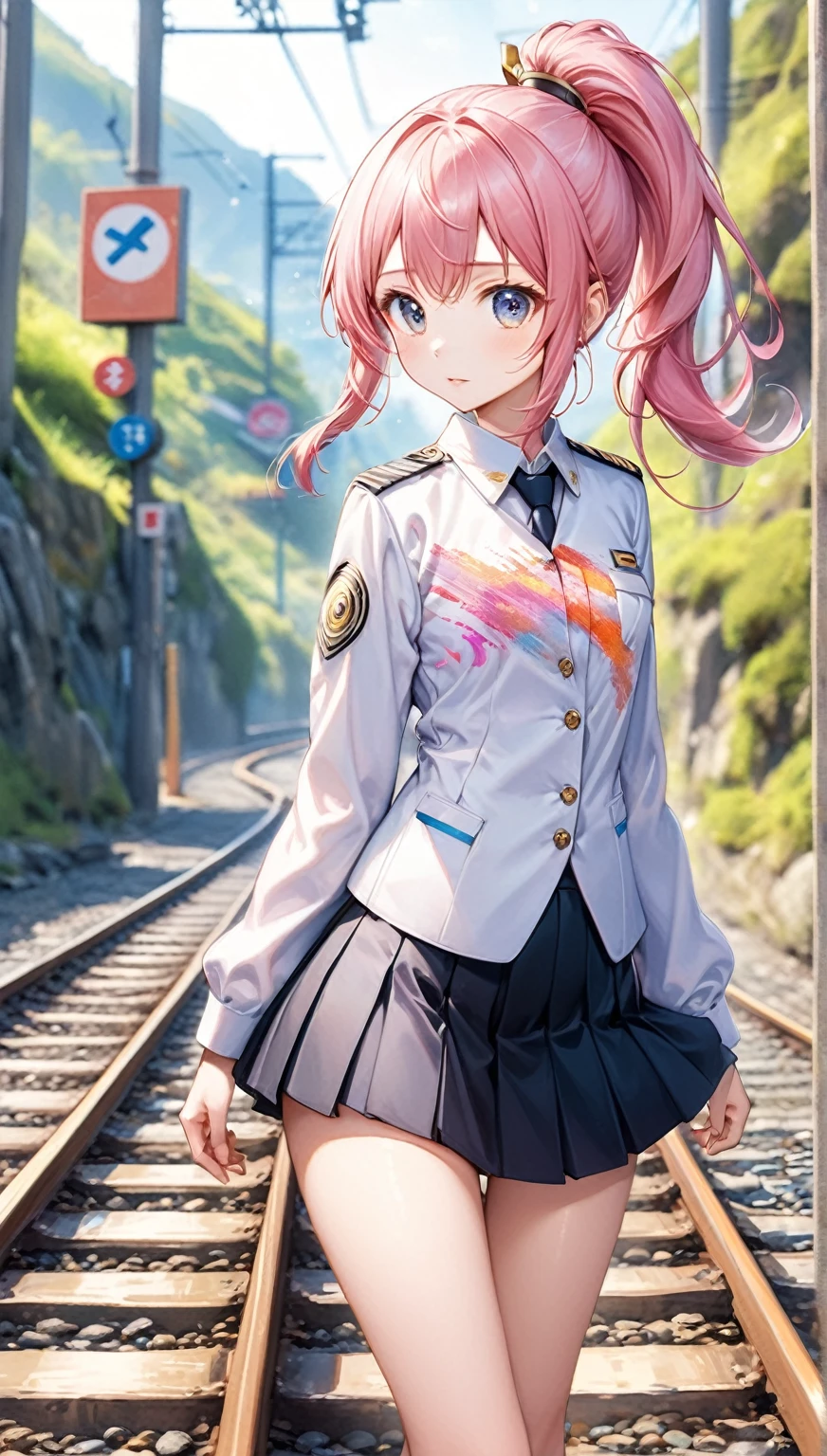 (Highest quality,8k,32K,masterpiece,Ultra-high resolution :1.2 ),born,One person,Super cute,Natural light,Clear, shining eyes,20-year-old,Fair skin,On the tracks,Electronic world fantasy background,ponytail,uniform,mini skirt,Fantasy,Artistic Beauty,whole body,Landscape painting,Beautiful scenery,Turn around,Pink Hair,ponytail
