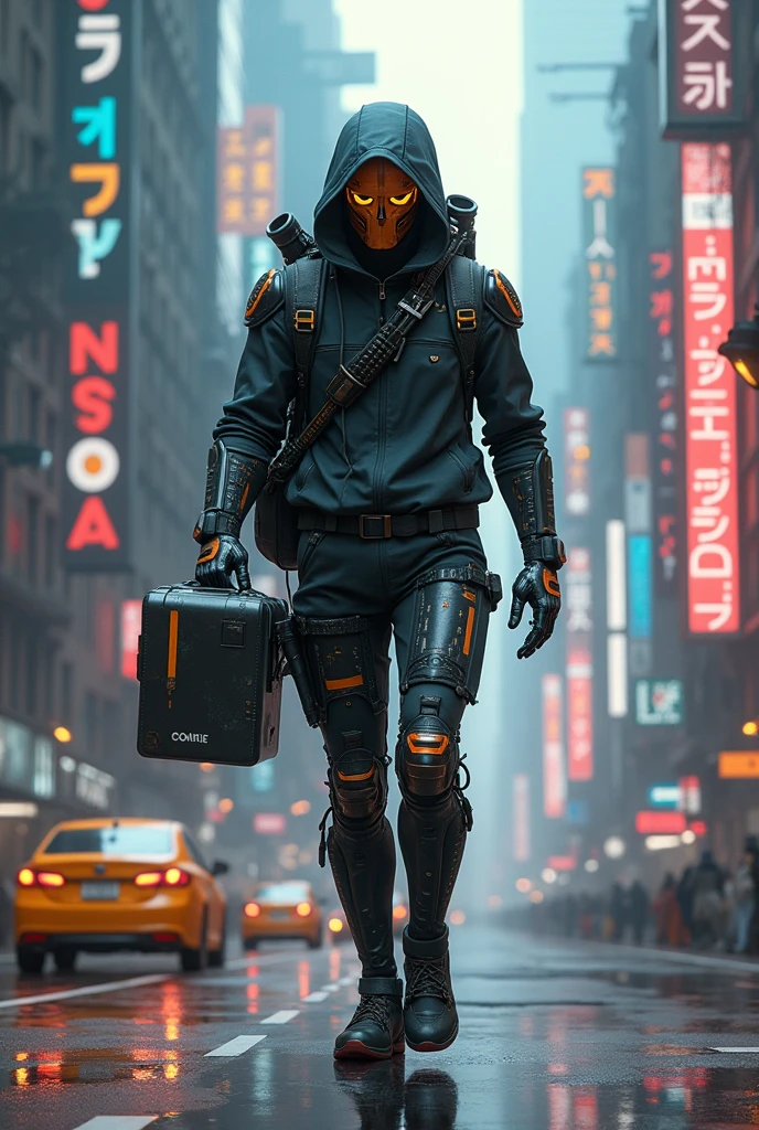 Agile cybernetic humanoid body, Cyberpunk with a delivery boy backpack