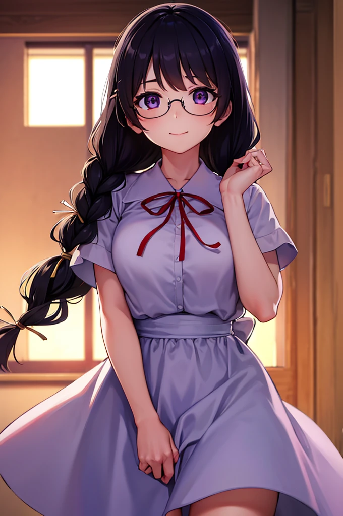 hanekawatsubasa, hanekawa tsubasa, long hair, black hair, hair ornament, (purple eyes:1.1), braid, hairclip, twin braids, naoetsu high school uniform, glasses, BREAK cyb dress, pink dress, frills, see-through short sleeves, wrist cuffs BREAK indoors, classroom, BREAK looking at viewer, BREAK (masterpiece:1.2), best quality, high resolution, unity 8k wallpaper, (illustration:0.8), (beautiful detailed eyes:1.6), extremely detailed face, perfect lighting, extremely detailed CG, (perfect hands, perfect anatomy), smile, dynamic pose, cowboy shot