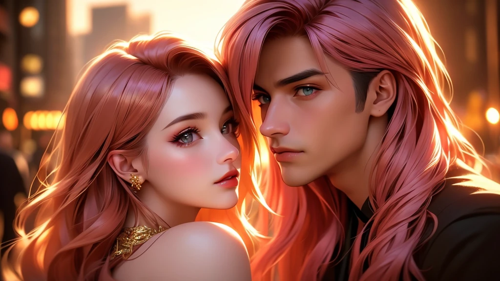 a beautiful woman in a beige dress with expressive beautiful eyes, posing, urban cityscape, black jacket, pink hair, golden hour, shallow depth of field, atmosphere of a first date and young love, (best quality,4k,8k,highres,masterpiece:1.2),ultra-detailed,(realistic,photorealistic,photo-realistic:1.37),intricate details,extremely detailed facial features,gorgeous detailed eyes,beautiful detailed lips,stunning portrait,cinematic lighting,warm color tones,romantic ambiance