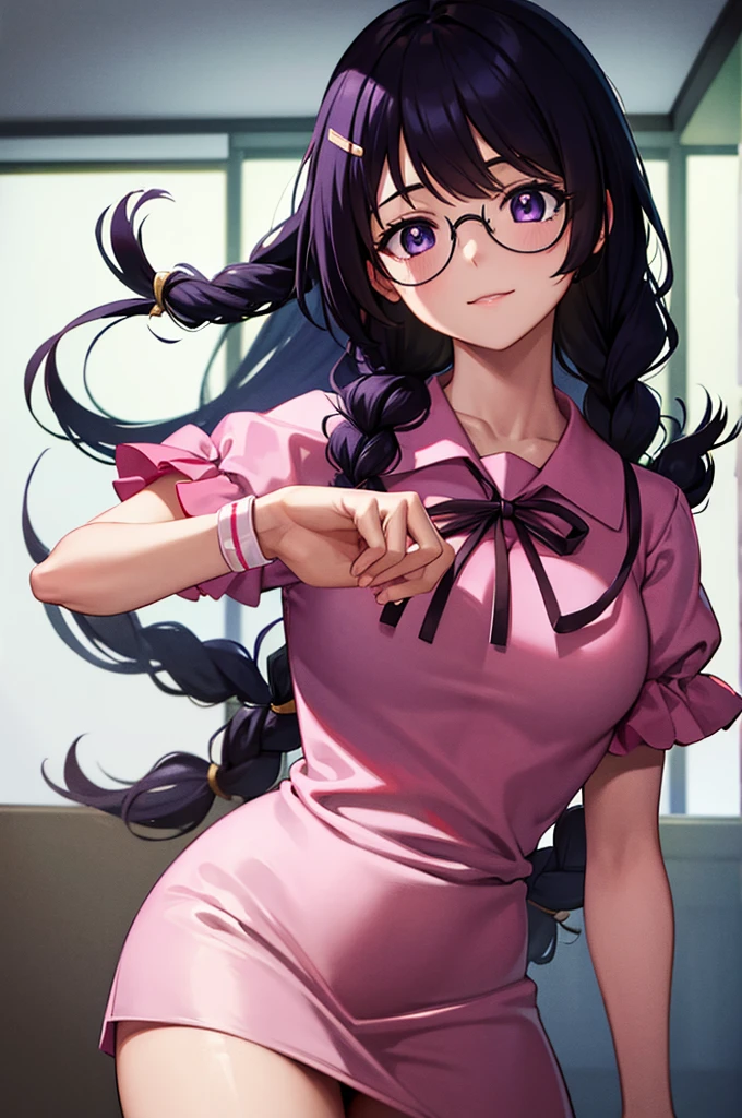 hanekawatsubasa, hanekawa tsubasa, long hair, black hair, hair ornament, (purple eyes:1.1), braid, hairclip, twin braids, naoetsu high school uniform, glasses, BREAK cyb dress, pink dress, frills, see-through short sleeves, wrist cuffs BREAK indoors, classroom, BREAK looking at viewer, BREAK (masterpiece:1.2), best quality, high resolution, unity 8k wallpaper, (illustration:0.8), (beautiful detailed eyes:1.6), extremely detailed face, perfect lighting, extremely detailed CG, (perfect hands, perfect anatomy), smile, dynamic pose, cowboy shot