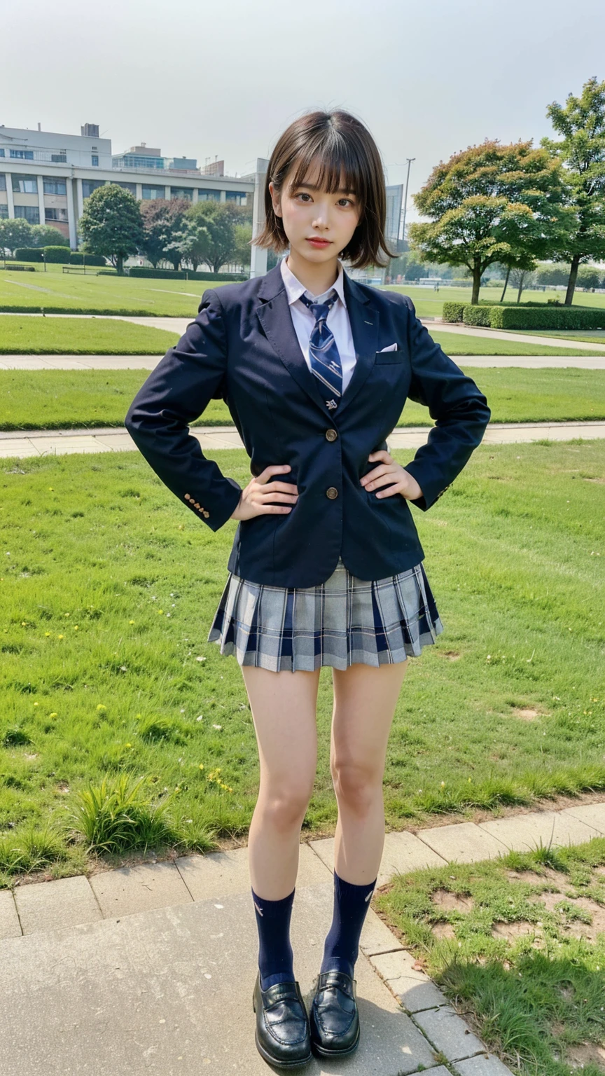 (8k、RAW Photos、Highest quality、masterpiece:1.2)、(Realistic、Realistic)、1 person、((blazer、Medium Hair、shirt、Schoolgirl uniform、loafers、Navy Socks、Check mini skirt、garden、View from the front、Looking into the camera、Hands on your hips))、cute