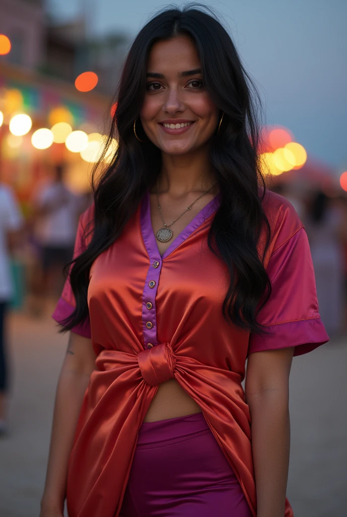26 year old pakistani woman, curvy figure, sexy, thick lips, greek shaped nose, nicely shaped nose, detailed face, light make up, kodak 400, film grain, wearing colorful tight glossy shiny satin kurta, (short sleeves satin kurta), plum satin leggings, skin texture, skin pores, photo realistic, ai surroundings,(gradient colors clothes), sexy, sharp focus, f/10, film grain, highly detailed skin, realistic, atmospheric lighting, urban setting, realistic style, detailed facial features, long black hair with blonde highlights, smile, high-quality rendering, chromatic contrast, vivid colors, persuasive realism, sharp focus, meticulous attention to detail, professional-grade artistry, full body, skin spots, skin pores, skin texture, at carnival, beach side, shiny legs, glossy thighs, (gestures), flash photography, standing pose, low light, evening time