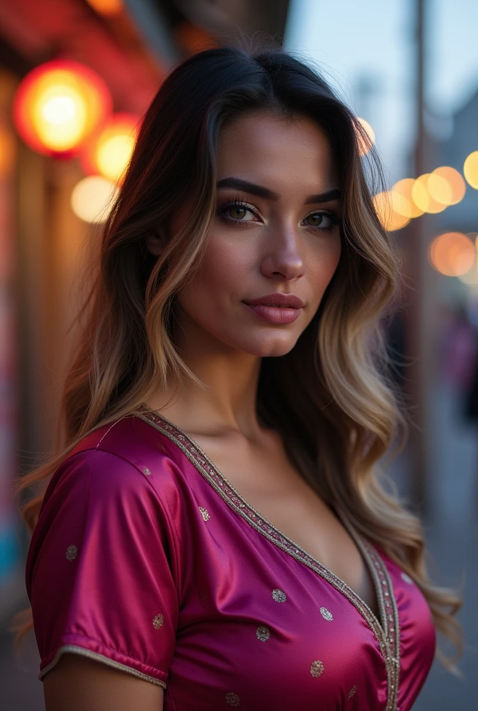 26 year old pakistani woman, curvy figure, sexy, thick lips, greek shaped nose, nicely shaped nose, detailed face, light make up, kodak 400, film grain, wearing colorful tight glossy shiny satin kurta, (short sleeves satin kurta), plum satin leggings, skin texture, skin pores, photo realistic, ai surroundings,(gradient colors clothes), sexy, sharp focus, f/10, film grain, highly detailed skin, realistic, atmospheric lighting, urban setting, realistic style, detailed facial features, long black hair with blonde highlights, smile, high-quality rendering, chromatic contrast, vivid colors, persuasive realism, sharp focus, meticulous attention to detail, professional-grade artistry, full body, skin spots, skin pores, skin texture, at carnival, beach side, shiny legs, glossy thighs, (gestures), flash photography, standing pose, low light, evening time
