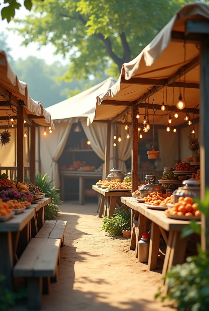 **Tents and Sheds:**
- **Food Tents:** Wooden tents covered with light fabric, serving typical dishes and drinks. Simple and rustic decoration, with wooden tables.
- **internal details:** Close-up of typical dishes served on tables inside the tents, highlighting the welcoming atmosphere and cuisine.