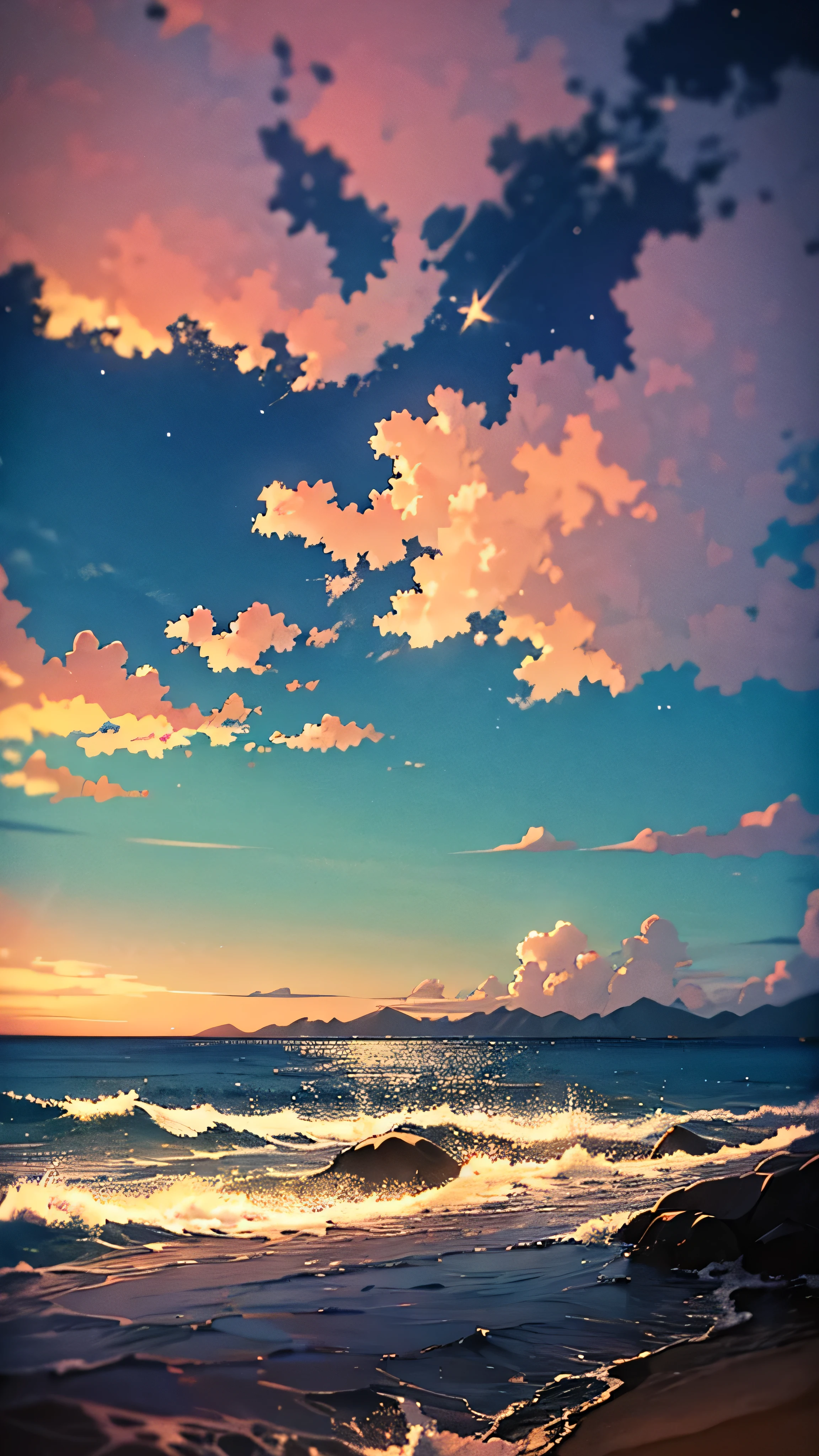 Viral anime nature wallpaper in 4K quality, in the style of photography with a 35mm lens inspired by Keiichi Hara, capturing a serene beach at twilight with gentle waves, a sky transitioning from orange to deep blue, and a silhouette of distant islands; warm and tranquil color temperature, cosmos lighting with stars twinkling in the sky, no human characters, the atmosphere is peaceful and reflective --v 5 --stylize 1000