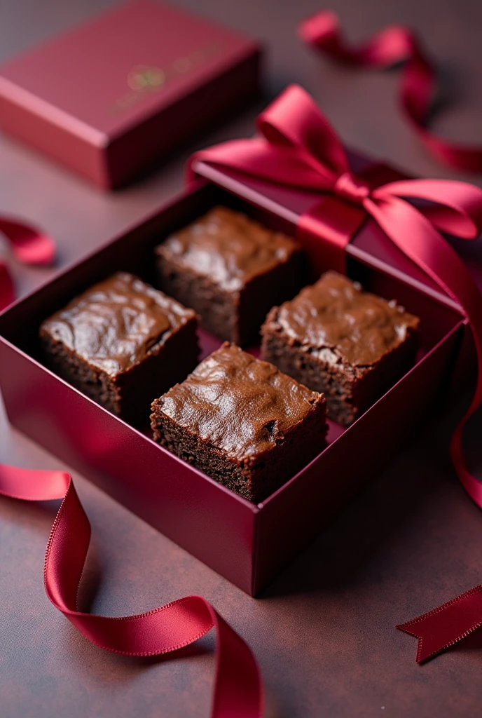 A box of 6 brownies with a bow on the outside, decorated for Royal birthday