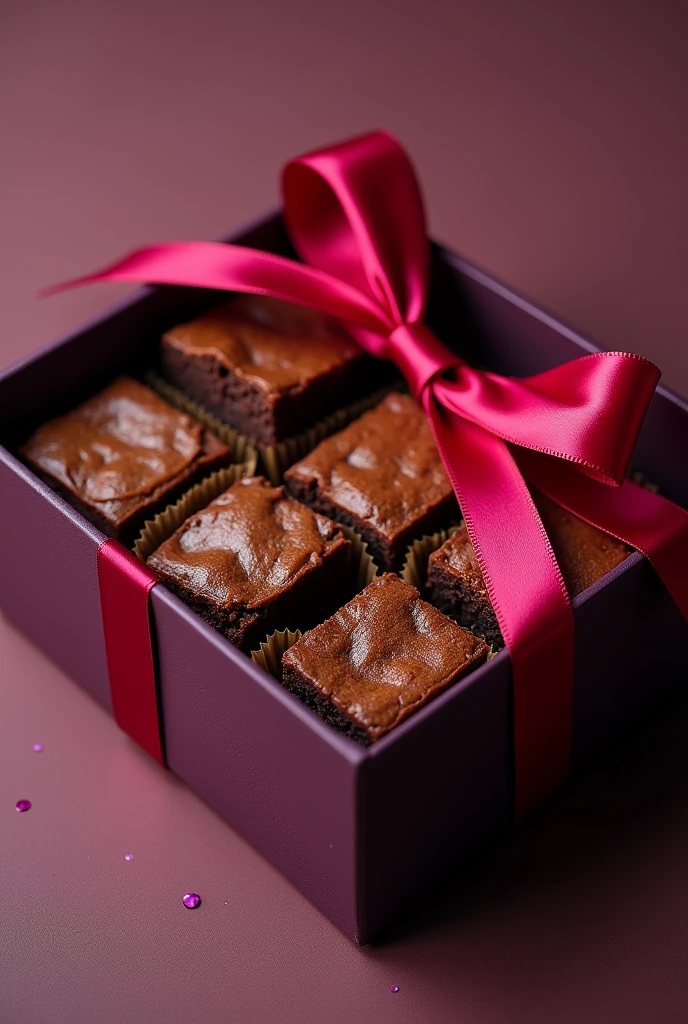 A box of 6 brownies with a bow on the outside, decorated for Royal birthday