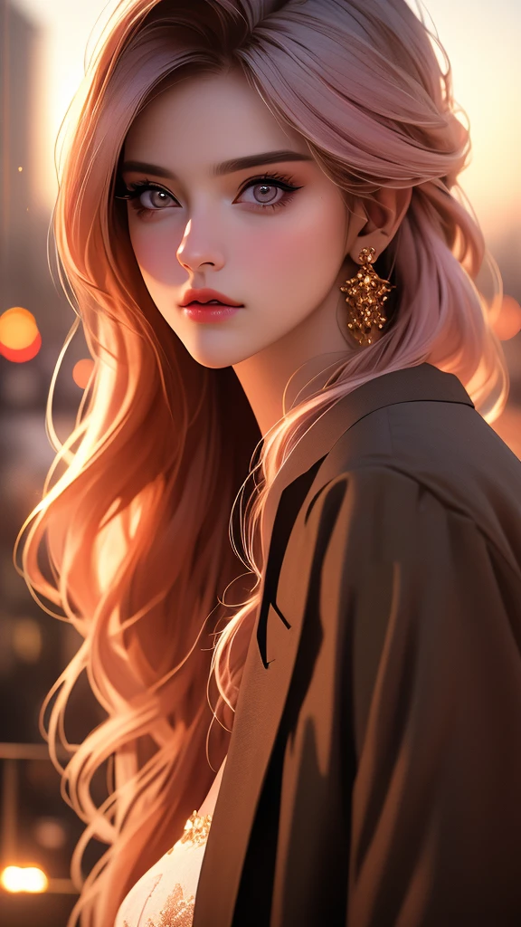 a beautiful woman in a beige dress with expressive beautiful eyes, posing, urban cityscape, black jacket, pink hair, golden hour, shallow depth of field, atmosphere of a first date and young love, (best quality,4k,8k,highres,masterpiece:1.2),ultra-detailed,(realistic,photorealistic,photo-realistic:1.37),intricate details,extremely detailed facial features,gorgeous detailed eyes,beautiful detailed lips,stunning portrait,cinematic lighting,warm color tones,romantic ambiance