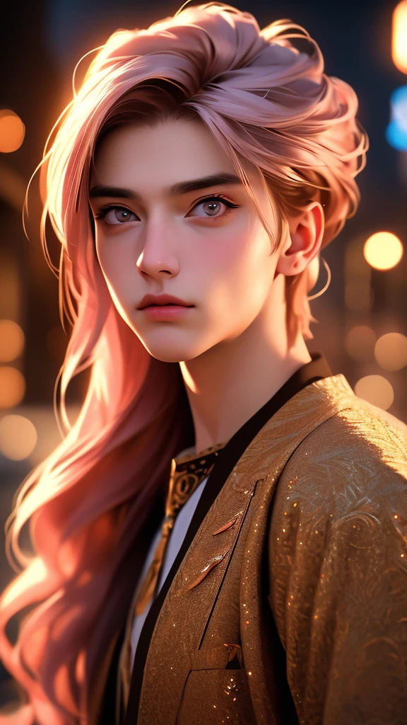 a beautiful woman in a beige dress with expressive beautiful eyes, posing, urban cityscape, black jacket, pink hair, golden hour, shallow depth of field, atmosphere of a first date and young love, (best quality,4k,8k,highres,masterpiece:1.2),ultra-detailed,(realistic,photorealistic,photo-realistic:1.37),intricate details,extremely detailed facial features,gorgeous detailed eyes,beautiful detailed lips,stunning portrait,cinematic lighting,warm color tones,romantic ambiance