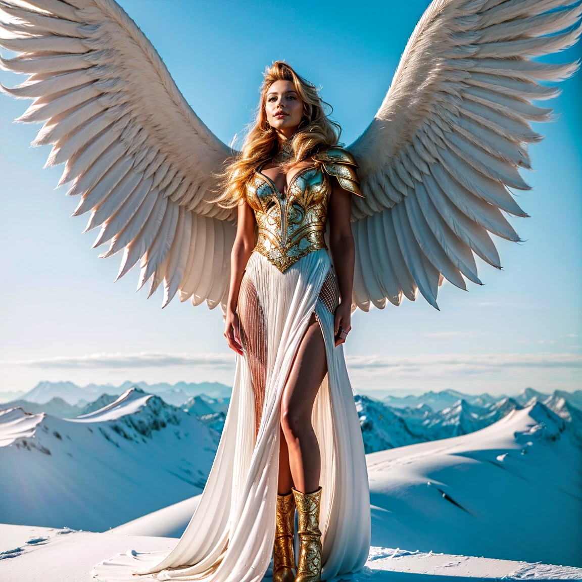 (masterpiece, best quality, hires, high resolution:1.2), (extremely detailed, intricate details, highres),standing, edgWalkure, long hair, dress, wings, armor, feathered wings, pauldrons, (white wings, sky blue wings:1.4), angel wings, armored dress, (bright armor, gold and platinum armor), valkyrie,boots aggressive look, tall, shapely figure, sky castle background, clouds, ice covered mountain tops, marble walls, pillars, gold highlights, beautiful face, sultry, (blonde hair, pink IncursioDipDyedHair), very pretty,  