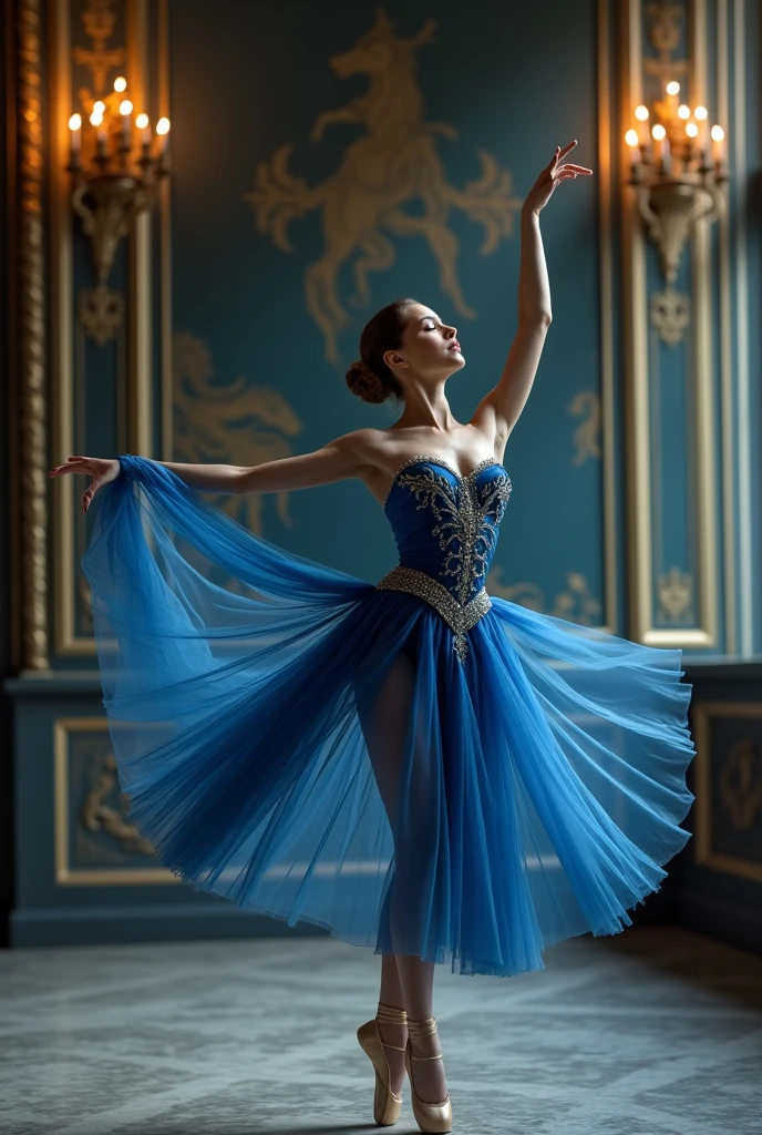 Ballerina with classical ballet pose in luxurious blue costume