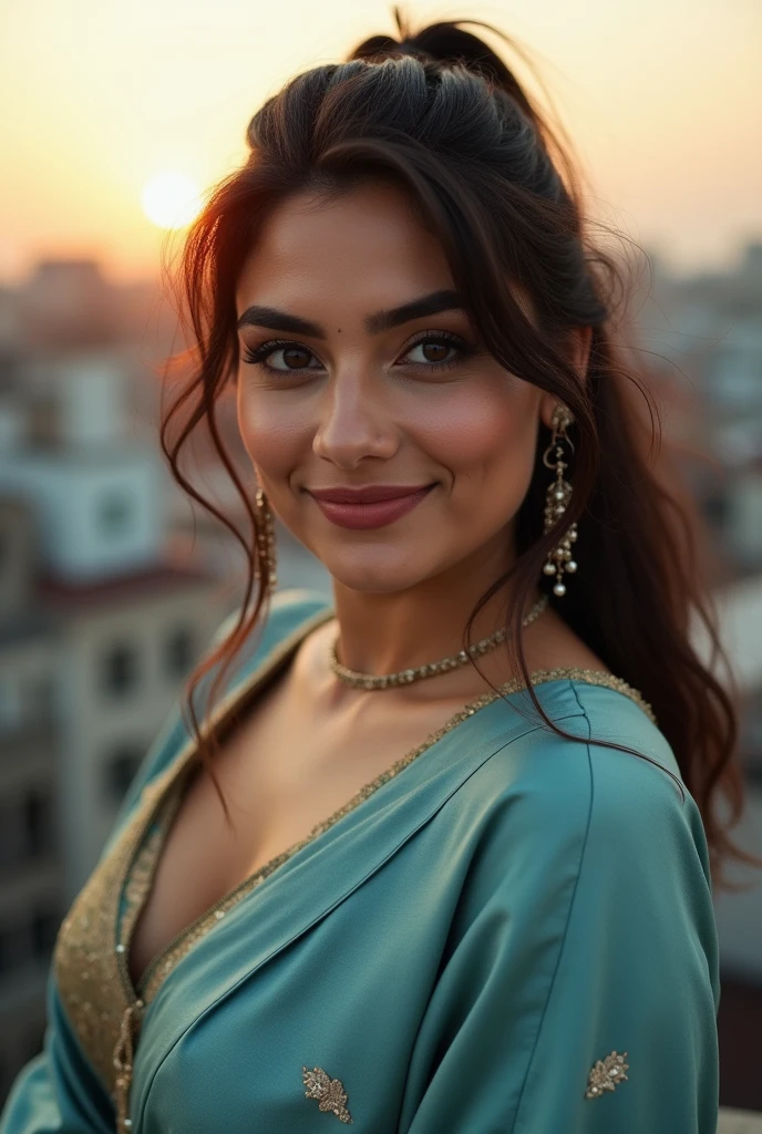a close up portrait, (from above) ,30 year old pakistani woman, curvy figure, sexy, thick lips, greek shaped nose, nicely shaped nose, detailed face, light make up, kodak 400, film grain, wearing light olive satin kurta, tight silver shimmer leggings, skin texture, skin pores, photo realistic, poor atmosphere, at rooftop, ai surroundings,(blue+silver gradient colors clothes), sharp focus, f/8, film grain, highly detailed skin, vintage tone, realistic, noise, dust,light make up, (ponytail hair) brown highlight hair, low light,sunset, smile, posing, gestures