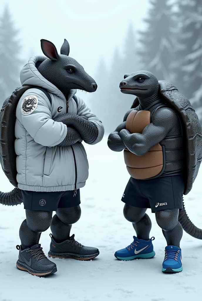 An armadillo with black scale-textured skin wearing black Nike running shoes and the armadillo wearing a white snowboard jacket with a dragon symbol. Next to him is a turtle wearing blue ASICS running shoes and a black samurai outfit.. The two are standing with their arms crossed in the snow. They are tall and high-performance athletes.