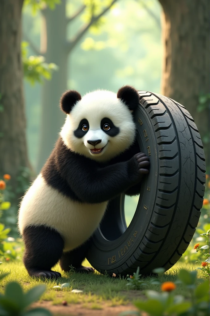 A panda bear playing with a tire 
