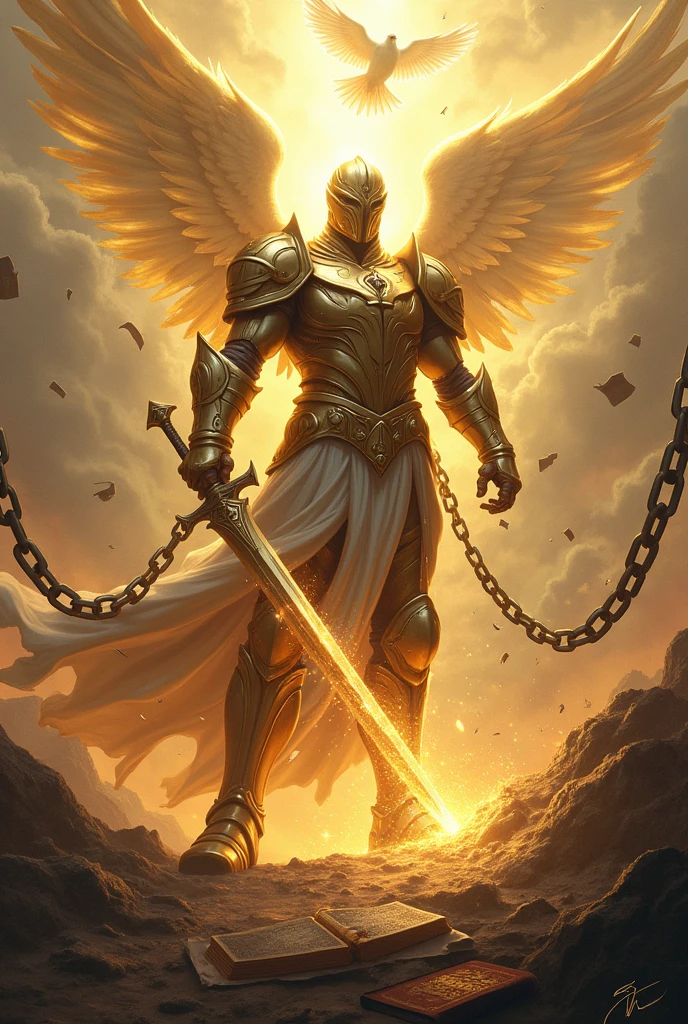fund: WITH A LIGHT FROM THE SKY a battle landscape, to create a sense of conflict and intensity.
soldier: At the center, a soldier in shining GOLD COLOR armor, with shimmering metallic details. Armor must be detailed and imposing, reflecting light to create a glowing effect.
elsword: The soldier is holding a sword firmly, and the blade should look sharp and powerful. The sword may be cutting chains that are falling apart around it.. Chains can be represented with iron details, some breaking or falling apart.
chains: The mooring chains may be visibly breaking or being cut by the sword. You can show some of them falling to the ground and others still partially attached., to emphasize the act of liberation.
Additional Elements:A HOLY SPIRIT DOVE FLYING with a lot of light around the dove Depending on the style you want, you can add details like glow around the sword, sparks of energy, or a subtle shine on the armor to increase the visual impact. A BIBLE ON THE FLOOR
