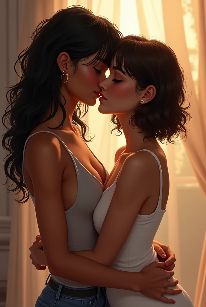 make a drawing of me and my girlfriend I&#39;m thinner, lowrise, white, very black and curly long hair and light brown eyes and septum piercing, my girlfriend has black skin, dark eyes and big eyelashes, tall has a curvier body, She is tall and has short, curly brown hair with bangs.
