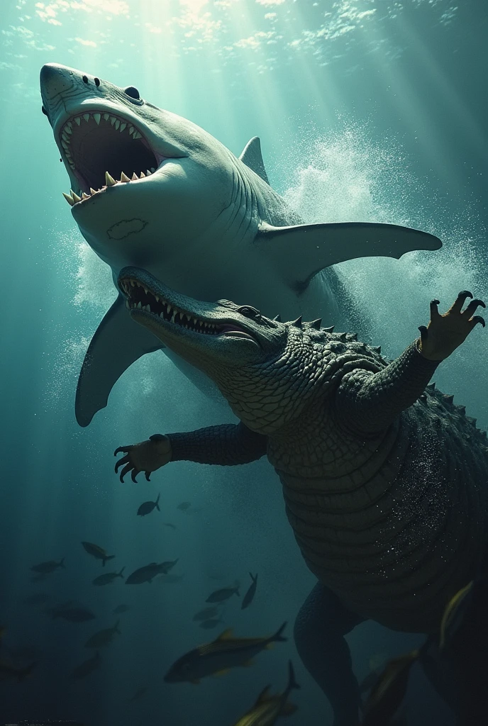 I want a shark fighting a crocodile in the water