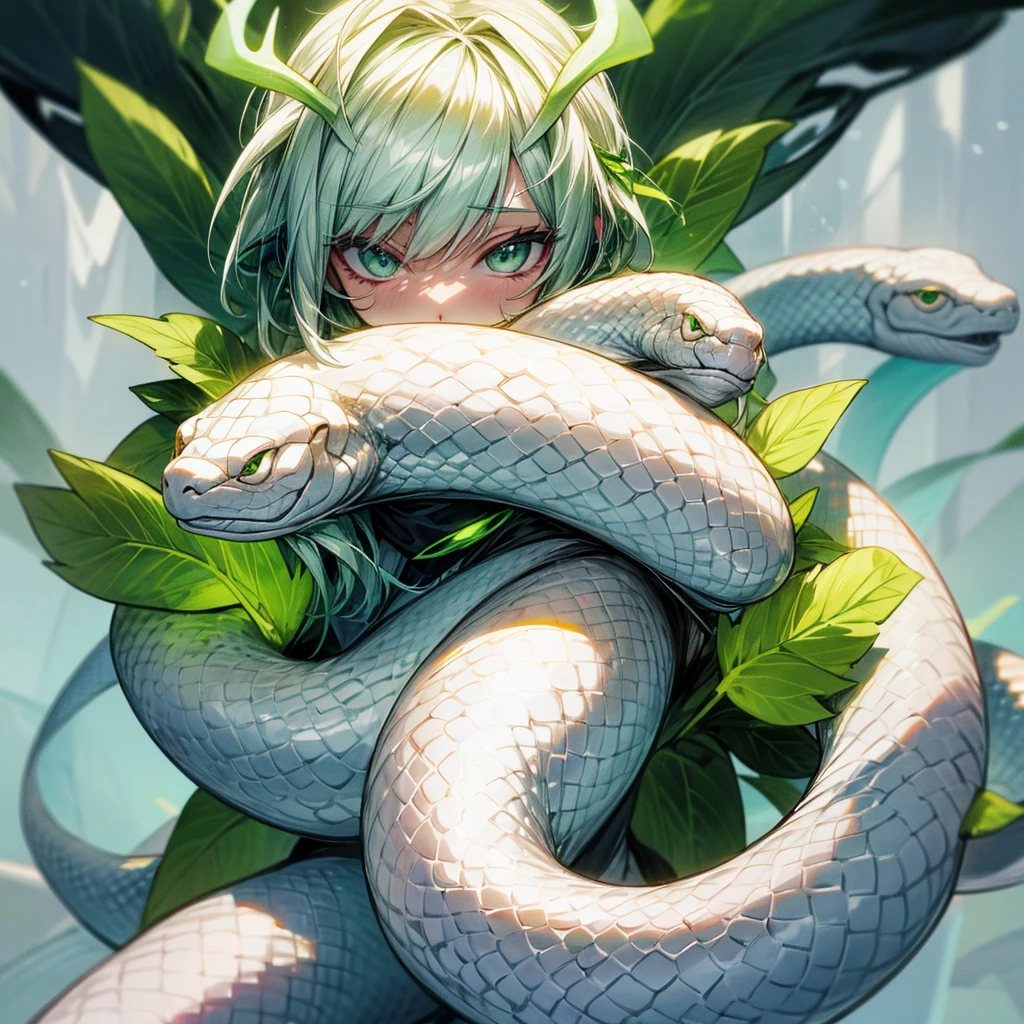 A white snake with green horns surrounded by a cold aura
