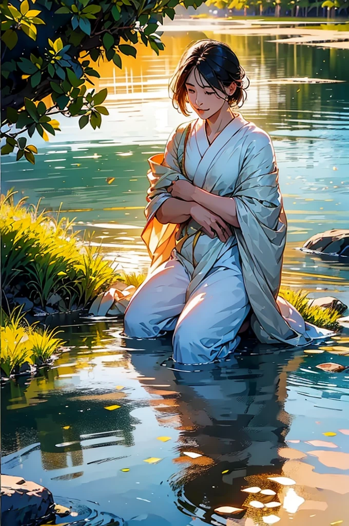 ((styled old oil painting, only one woman)), ((a traditional village deep in the mountains of Japan, old buildings, shrine, in the dark, in the dim place, dark sky, deep mountain pass, trees)), (((round face))), (blush, drooping eyes), ((bending and spread legs to show groin, showing off her light pubic hair, let off pee from her urethra)), young woman, casual clothes,