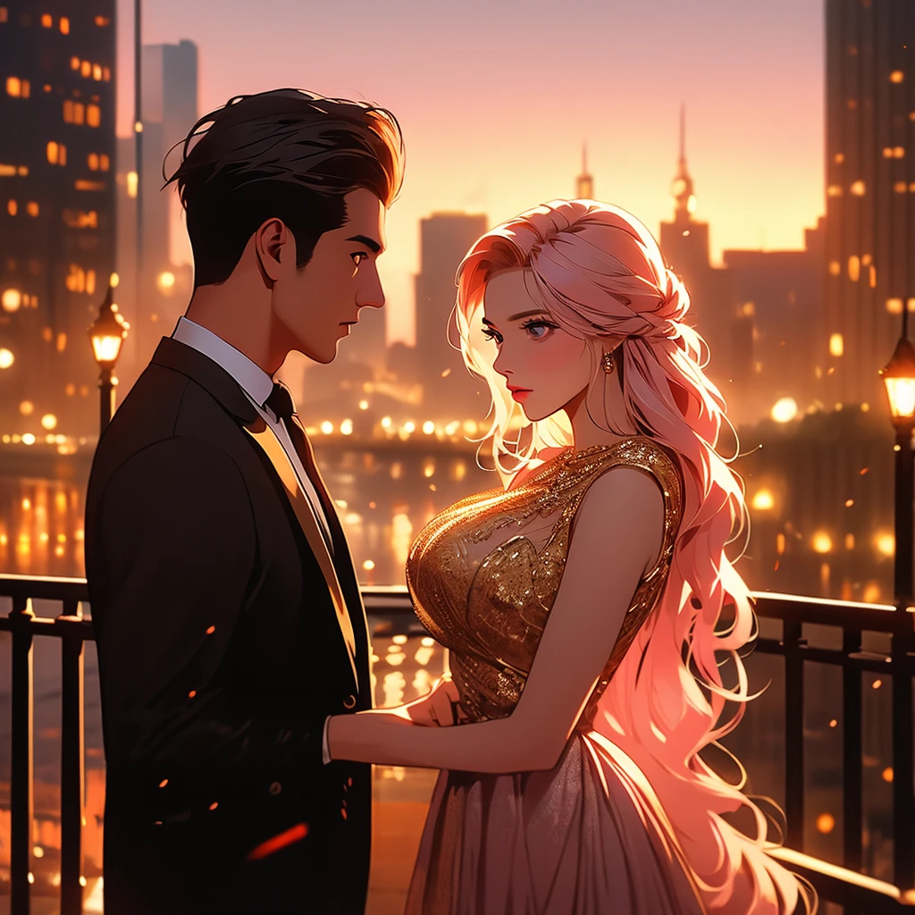 a beautiful woman with expressive eyes in a beige dress, posing, city landscape, black jacket, pink hair, golden hour, shallow depth of field, atmosphere of a first date and young love, masterpiece, best quality, 8k, hyperrealistic, photorealistic, intricate details, cinematic lighting, warm color palette, elegant, romantic, dreamlike