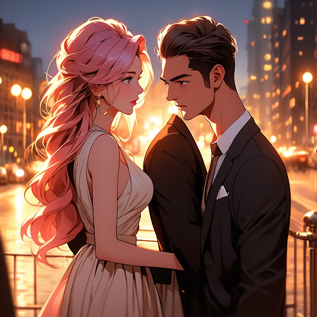 a beautiful woman with expressive eyes in a beige dress, posing, city landscape, black jacket, pink hair, golden hour, shallow depth of field, atmosphere of a first date and young love, masterpiece, best quality, 8k, hyperrealistic, photorealistic, intricate details, cinematic lighting, warm color palette, elegant, romantic, dreamlike