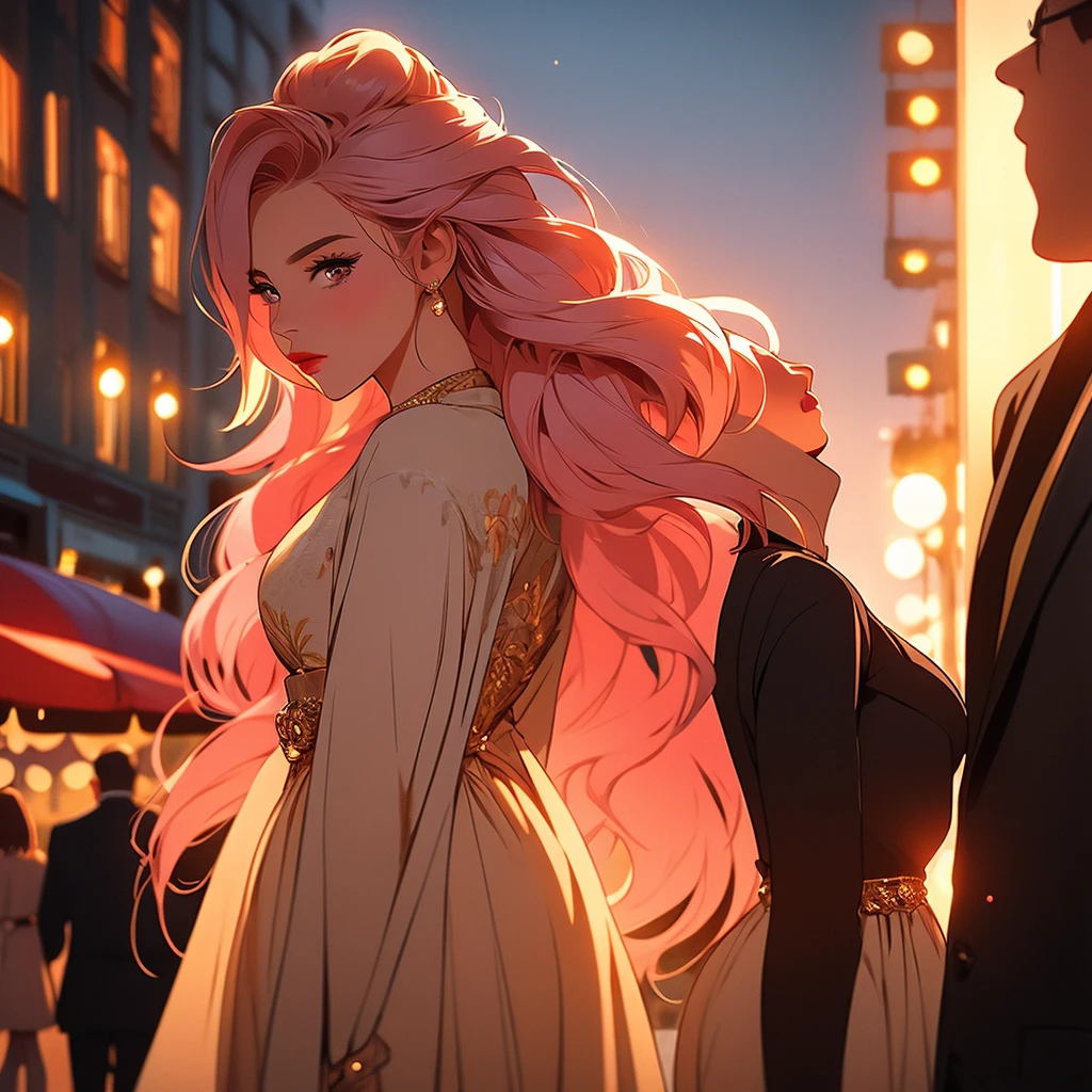 a beautiful woman with expressive eyes in a beige dress, posing, city landscape, black jacket, pink hair, golden hour, shallow depth of field, atmosphere of a first date and young love, masterpiece, best quality, 8k, hyperrealistic, photorealistic, intricate details, cinematic lighting, warm color palette, elegant, romantic, dreamlike
