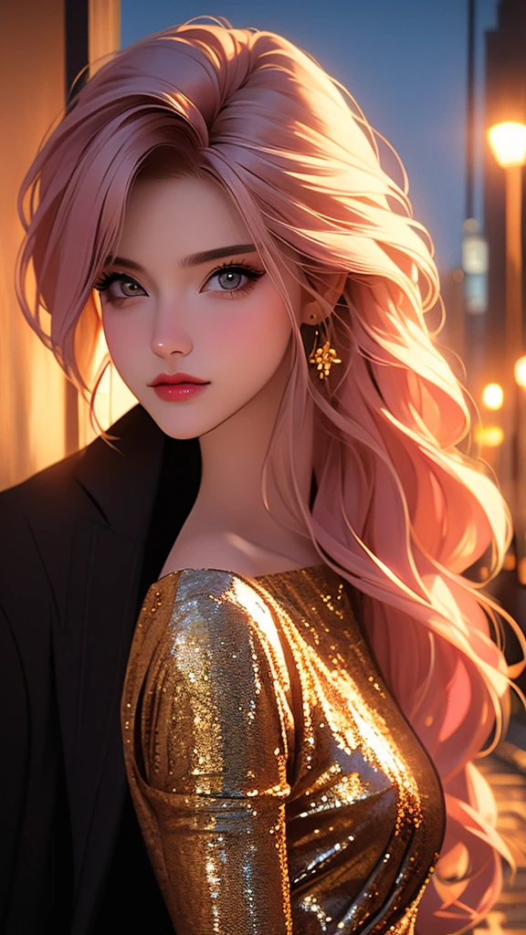 a beautiful woman with expressive eyes in a beige dress, posing, city landscape, black jacket, pink hair, golden hour, shallow depth of field, atmosphere of a first date and young love, masterpiece, best quality, 8k, hyperrealistic, photorealistic, intricate details, cinematic lighting, warm color palette, elegant, romantic, dreamlike