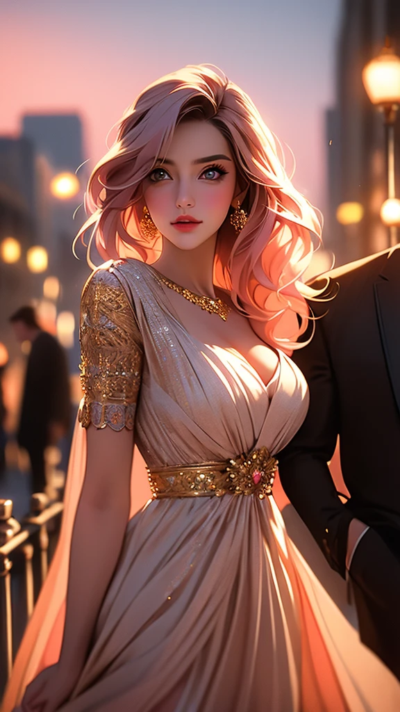 a beautiful woman with expressive eyes in a beige dress, posing, city landscape, black jacket, pink hair, golden hour, shallow depth of field, atmosphere of a first date and young love, masterpiece, best quality, 8k, hyperrealistic, photorealistic, intricate details, cinematic lighting, warm color palette, elegant, romantic, dreamlike