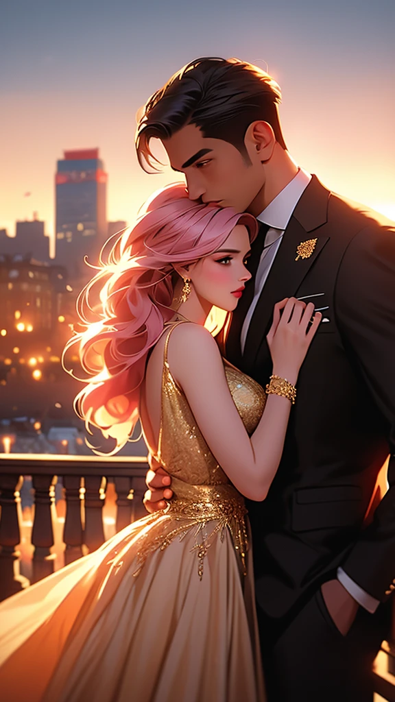a beautiful woman with expressive eyes in a beige dress, posing, city landscape, black jacket, pink hair, golden hour, shallow depth of field, atmosphere of a first date and young love, masterpiece, best quality, 8k, hyperrealistic, photorealistic, intricate details, cinematic lighting, warm color palette, elegant, romantic, dreamlike