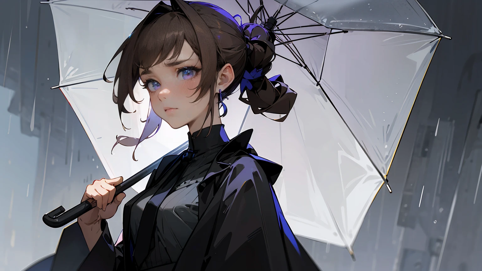 Light brown hair、((hair tied at the back))、Showing from the waist up、Black suit draped over shoulders、Wearing a white shirt underneath、black tie、Blue-violet eyes、((Rainy gray background))、Holding a large open umbrella。Beauty、(((Detailed picture)))、(((Detailed face)))、Looking down with cold eyes。emotionless expression。The hair is parted on the side、Hair tucked behind one ear。Also、She wears large hoop earrings in her ears.。Detailed Hair、Beautiful structural painting、Front view