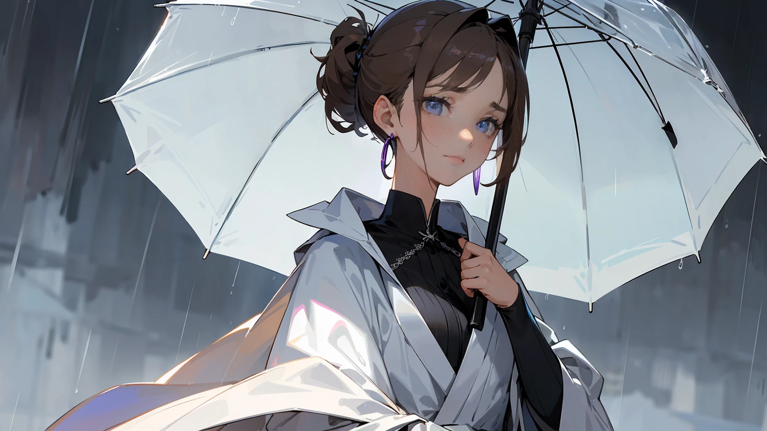 Light brown hair、((hair tied at the back))、Showing from the waist up、Black suit draped over shoulders、Wearing a white shirt underneath、black tie、Blue-violet eyes、((Rainy gray background))、Holding a large open umbrella。Beauty、(((Detailed picture)))、(((Detailed face)))、Looking down with cold eyes。emotionless expression。The hair is parted on the side、Hair tucked behind one ear。Also、She wears large hoop earrings in her ears.。Detailed Hair、Beautiful structural painting、Front view